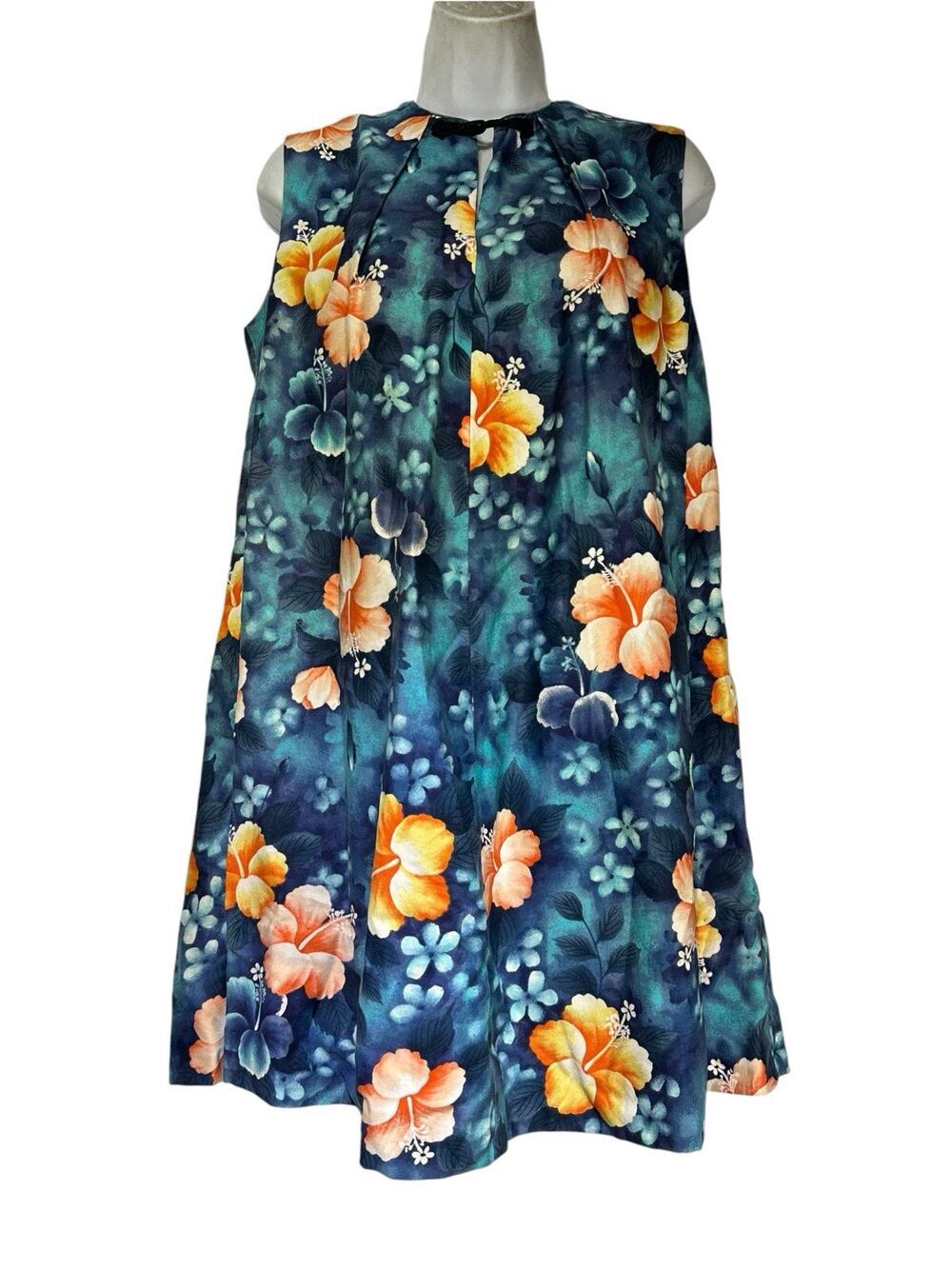 Vintage Ui-Maikai Hawaiian Hibiscus Floral Blue Orange Sleeveless Shift Dress